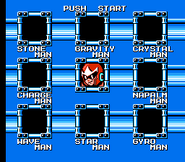 Selección de Escenario del falso Blues en "Rockman 5: Blues no Wana!?", Famicom.