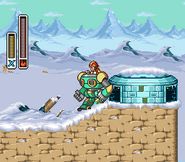 Mega Man X operando una Ride Armor en el Escenario de Chill Penguin en "Mega Man X", SNES.