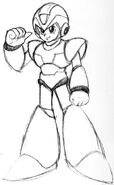 Pose de pie 01.[4] Boceto más temprano de Mega Man X, las líneas y estructura del cuerpo ya estaban definidas desde una etapa temprana del diseño. Se ve una expresión demasiado inocente.