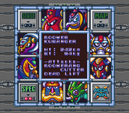 Estadísticas de Boomer Kuwanger en "Rockman X", Super Famicom.