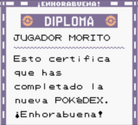 Diploma Pokédex completa en Pokémon Plata.