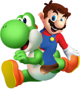 Small Mario riding Yoshi in New Super Mario Bros.: Twist It!