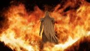 Sephiroth's iconic scene being surrounded by flames in Crisis Core -Final Fantasy VII-.