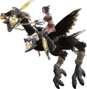 In-game render of a Miqo'te riding on a Black Chocobo.