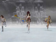 Screenshot of Dead Fantasy II of (from left to right) Yuna, Kairi and Rikku.