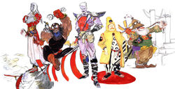 The Cid characters from (left to right) Final Fantasy III, Final Fantasy II, Final Fantasy IV, Final Fantasy V and Final Fantasy VI.