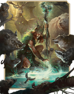 A buck and hind join other forest animals in gathering around a druid.