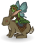 A pixie rides atop the back of a rabbit, using it as a mount.