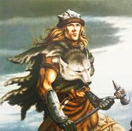 Wulfgar, wearing his hide armor and wielding the Aegis-fang.