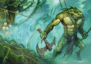 A tasloi spies on some lizardfolk in the Great Swamp.