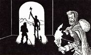 A trio of adventurers exit a dark dungeon, with one of them holding a torch.