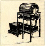 A small barrel mounted as a water reservoir for hand-washing.