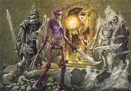 From left to right: a regular skeleton, a boneshard skeleton, a blazing skeleton, and a decrepit skeleton.