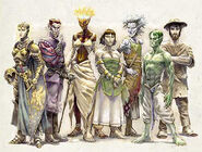 Left to right: an aasimar, a tiefling, a fire genasi, an earth genasi, an air genasi, a water genasi, and a normal human.