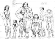 3rd-edition concept art showing a female half-elf and other races with a height chart.