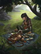 An adventurer examines the contents of their backpack.