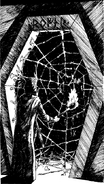 A torch-wielding adventurer is confronted with a passageway blocked by webs.