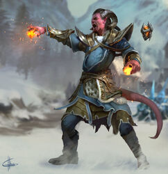 A tiefling wizard from Neverwinter: Curse of Icewind Dale.