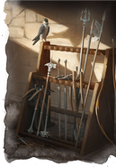 Two crossbows rest on a weapon rack.