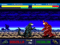 Godzilla blasts Megalon with his heat ray, while Gigan and Jet Jaguar fight in the background