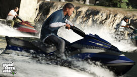 Screenshot of Franklin, Trevor and Lamar escaping the Police on Seasharks.