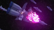 The Magellan-class battleship Somerville destroyed by Char's Zaku II