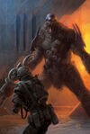 An ODST faces an enraged Jiralhanae.