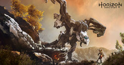 Concept art of a Stormbird atop a defeated Thunderjaw by Miguel Angel Martinez.