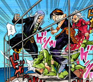 Abbacchio kicking Zucchero's headless body alongside Narancia and Fugo