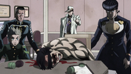 Jotaro and the others discover Kosaku Kawajiri's corpse after Kira's escape.