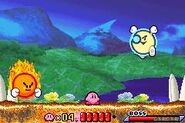 Kirby fighting the bosses at the top of Butter Building (remake).