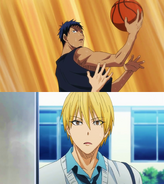 Aomine plays basketball while Kise watches