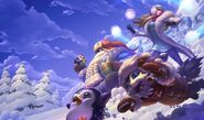 Gnar is seen chasing a Pengu, Bard is holding another Pengu in his hand, and the last Pengu is frozen in the background behind Syndra.