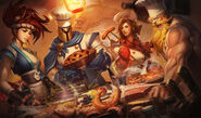 Sashimi Akali, Barbecue Leona, Butcher Olaf, and Baker Pantheon