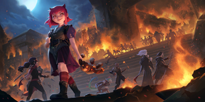 Annie skipping away as the school burns down behind her.