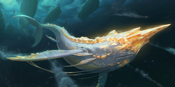 A golden narwhal being chased by a fleet of harpooners.