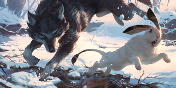 A Gray Wolf chasing a Snow Hare.