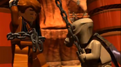 Geonosian securing Anakin's chain.