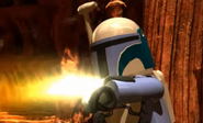 Jango Fett with his flamethrower in a cutscene of LEGO Star Wars III: The Clone Wars