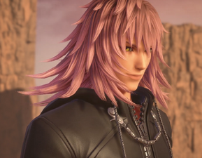 Marluxia smiling to Larxene, after being greeted by her.