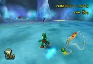 Yoshi racing in the cave section in Mario Kart Wii.