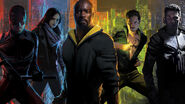 Promotional image for Daredevil, Jessica Jones, Luke Cage, Iron Fist, The Defenders, and The Punisher, collectively known as The Defenders Saga