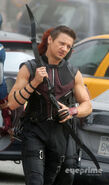 Jeremy Renner on set as Hawkeye.