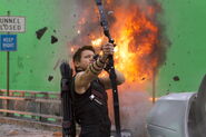 On set with Jeremy Renner (Hawkeye).