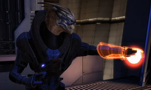 Garrus utilizando una habilidad de tecnología.