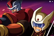 Koji and Tetsuya performing a combination attack in Super Robot Wars X