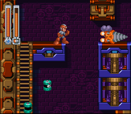 Mega Man destroying a block with a Spread Drill in King Castle (Stage 2).