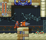 Mega Man firing a Spread Drill. The Spread Drill is at its large, standard form.