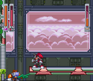 Bass using Spread Drill to knock Tengu Man out of the air and into the pit. Note that doing so does not instantly defeat Tengu Man, as he will just recover from the fall.