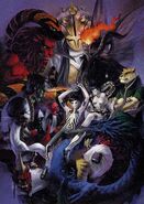 Promotional art also used for Japanese user manual, demons surrounding Demi-fiend are Thor, Baphomet, Ose, Lilith, Long, Legion, Hua Po, Nue, Oni, Koppa, Kikuri-Hime, Minakata, Inugami and Yatagarasu.